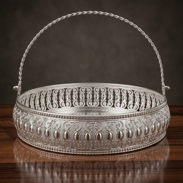 Silver Filigree Fruit Basket – Twisted Rope Handle Round Tray