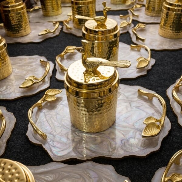 Golden Perch Jar – Hammered Canister on Mother-of-Pearl Leaf Tray