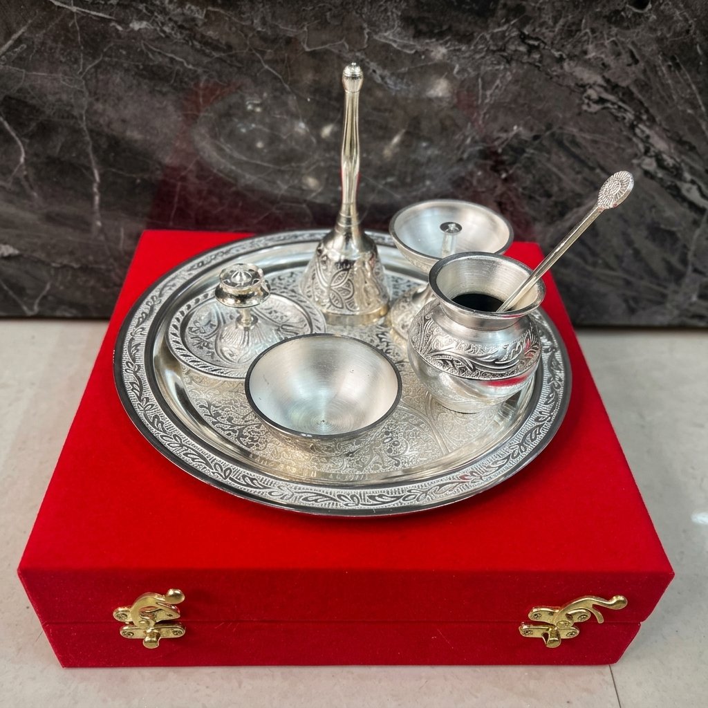 Silver Pooja Aarti Set – Engraved Thali with Bell, Kalash & Bowls