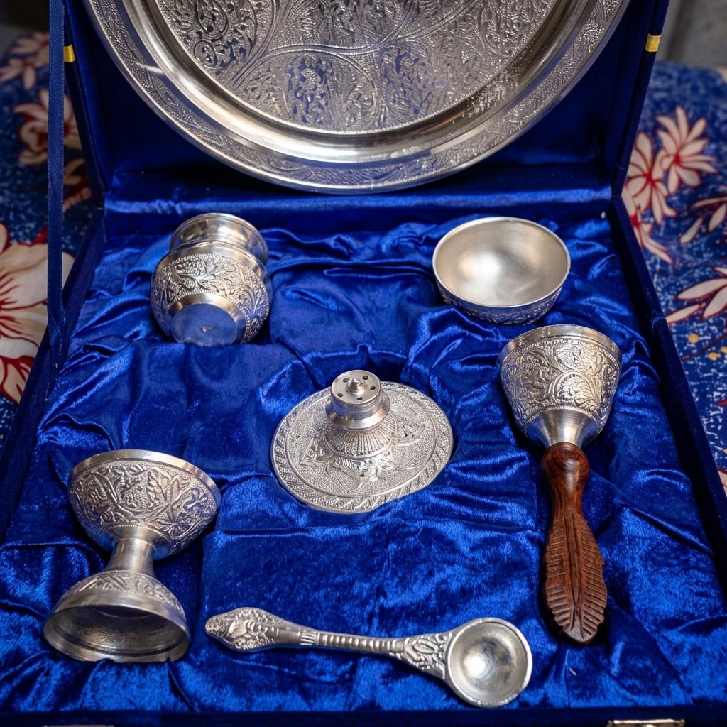 Complete Silver Pooja Vidhi Set – Engraved Thali, Kalash, Agarbatti Stand & Bowls