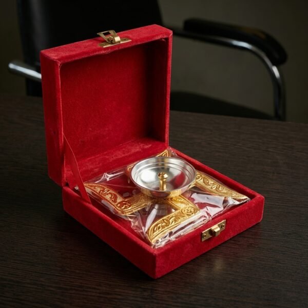 Golden Square Dhoop Stand – Silver Bowl Incense Holder in Red Velvet Box
