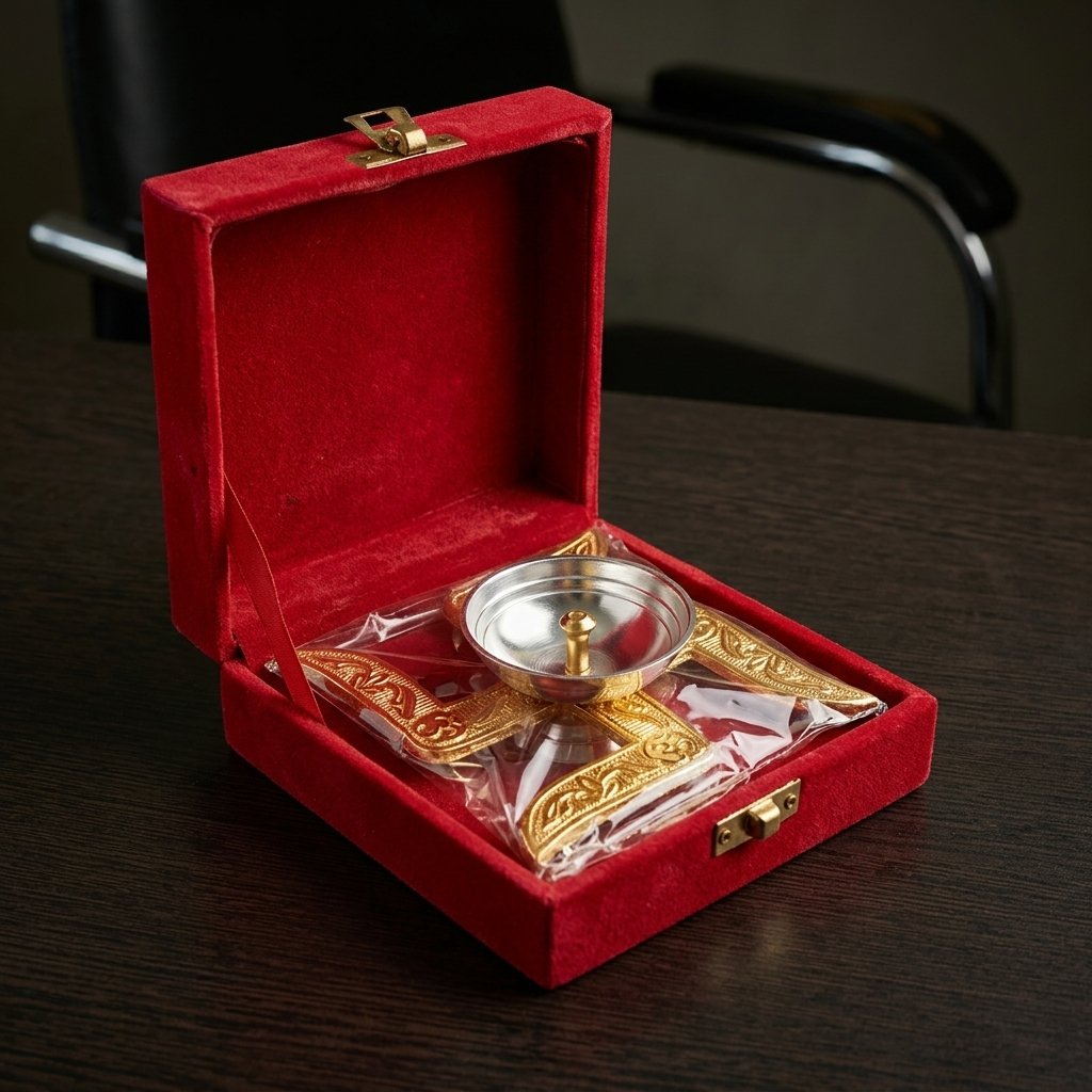 Golden Square Dhoop Stand – Silver Bowl Incense Holder in Red Velvet Box