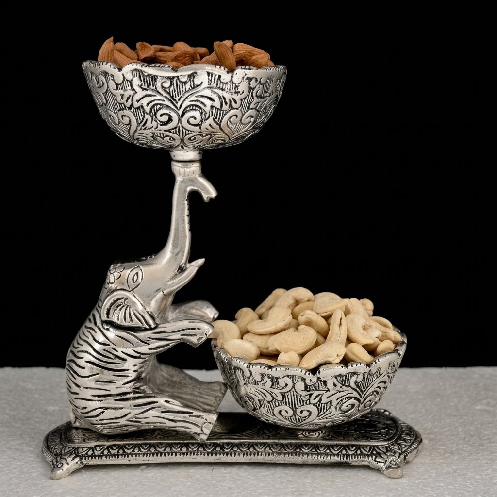 Gajraj Bowl Duo – Elephant Figurine with Twin Engraved Katoris