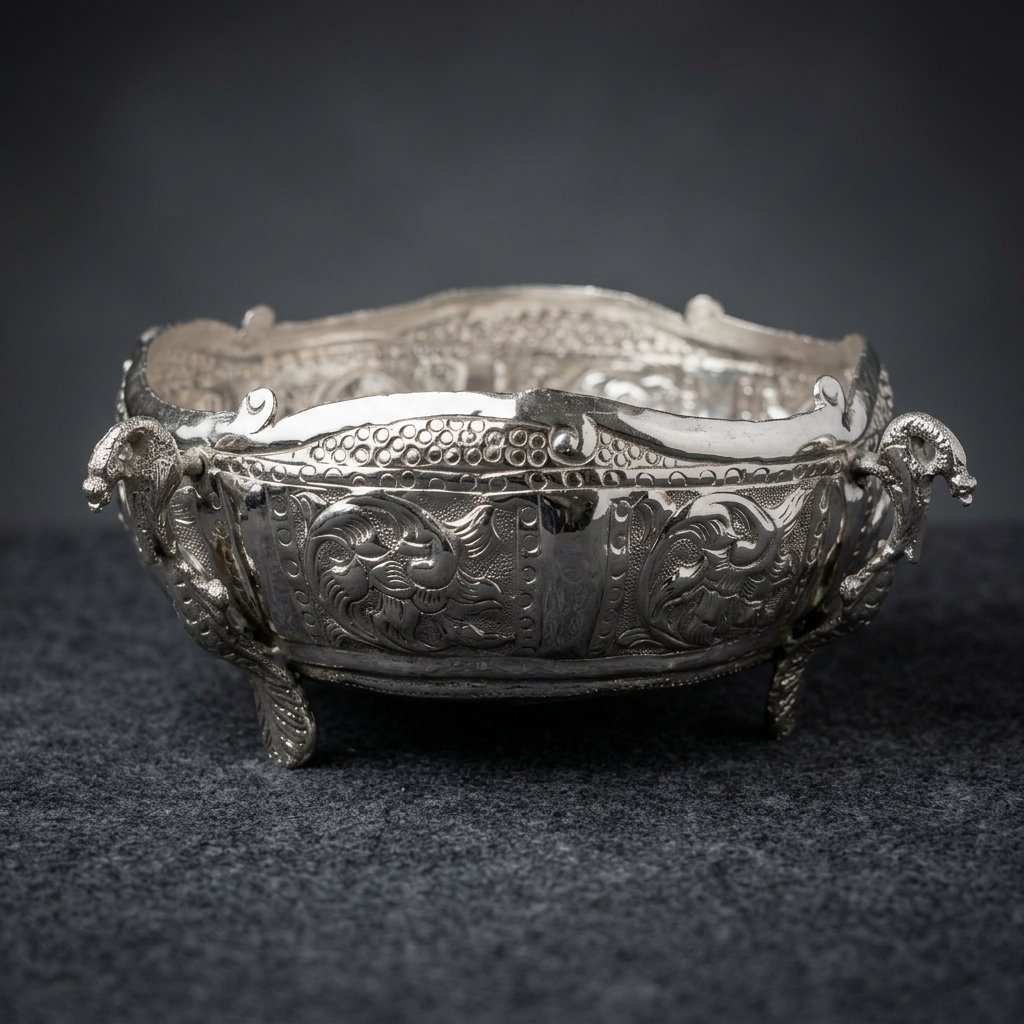 Baroque Lion-Foot Bowl – Antique Silver Embossed Centerpiece