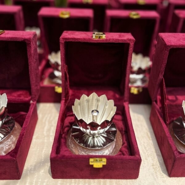 Silver Lotus Bloom Jar – Crystal-Topped Petal Lid in Maroon Velvet Box