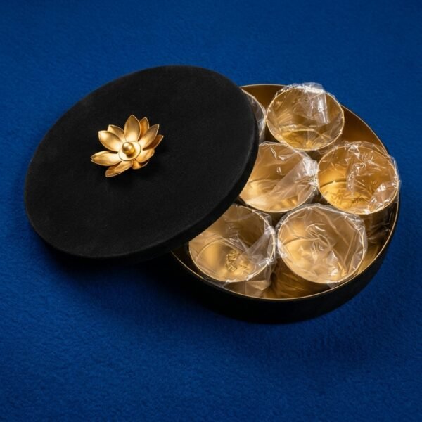 Lotus Lid Bowl Set – Round Golden Katoris in Velvet Box