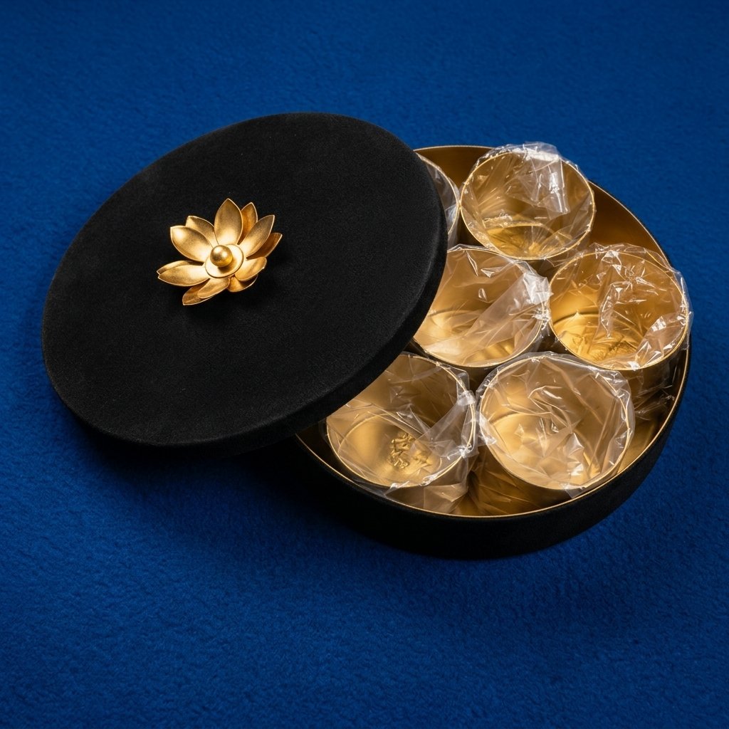 Lotus Lid Bowl Set – Round Golden Katoris in Velvet Box