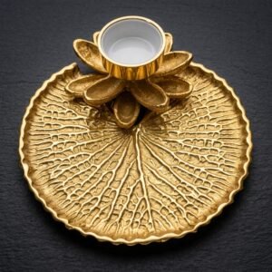 Golden Leaf & Lotus Tealight Plate – Textured Vein Candle Holder