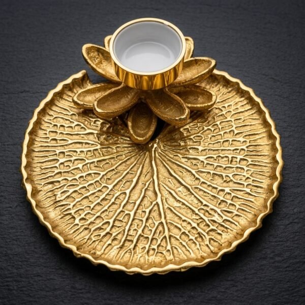 Golden Leaf & Lotus Tealight Plate – Textured Vein Candle Holder