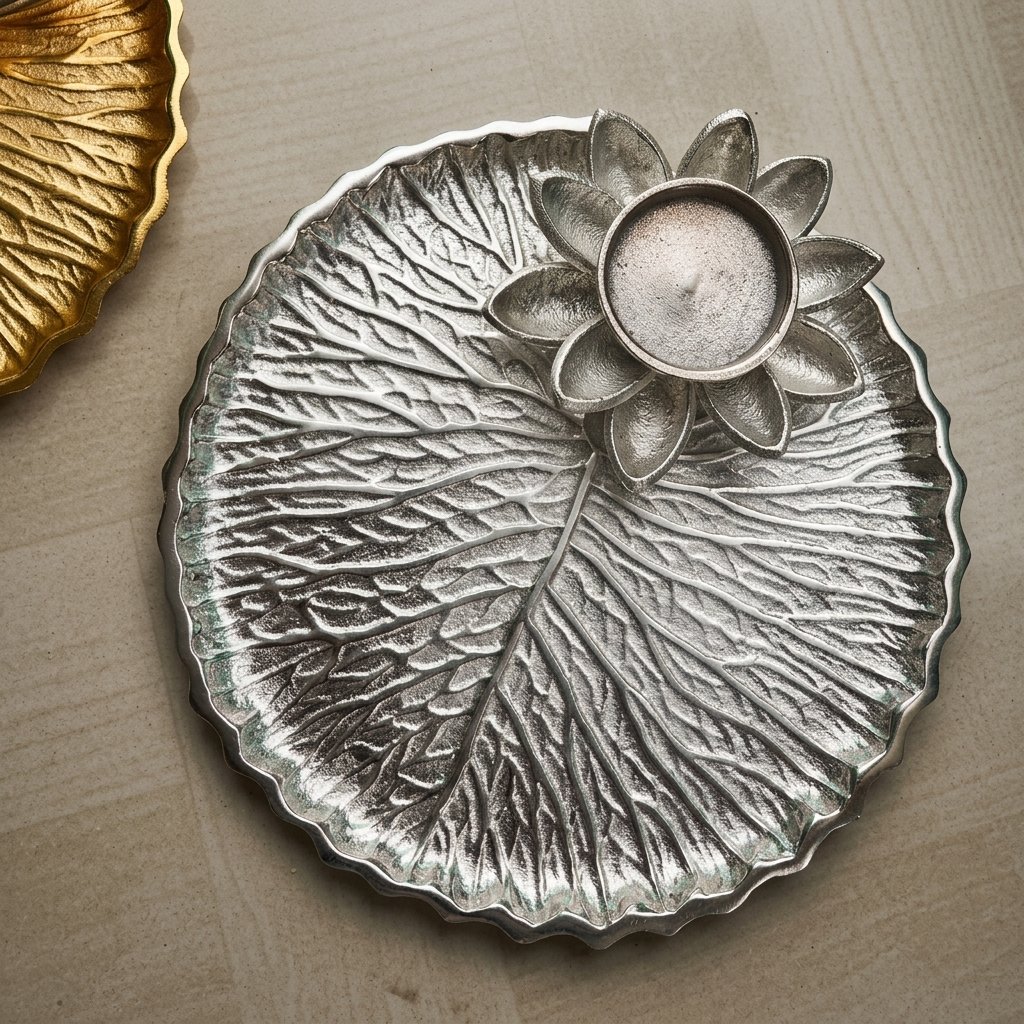 Leaf & Lotus Tealight Plate – Silver Nature-Inspired Candle Holder