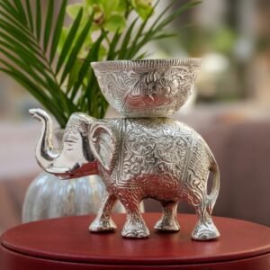 Standing Elephant Bowl – Engraved Silver Figurine with Trunk-Up Bowl