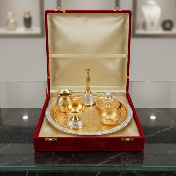 Golden Aarti Thali Set – Bell, Kalash & Bowls in Maroon Presentation Box