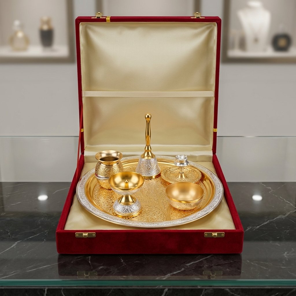 Golden Aarti Thali Set – Bell, Kalash & Bowls in Maroon Presentation Box