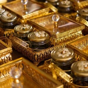 Golden Filigree Jar & Tray Collection – Assorted Knob-Lid Glass Jars in Ornate Trays