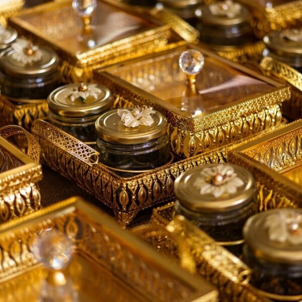 Golden Filigree Jar & Tray Collection – Assorted Knob-Lid Glass Jars in Ornate Trays
