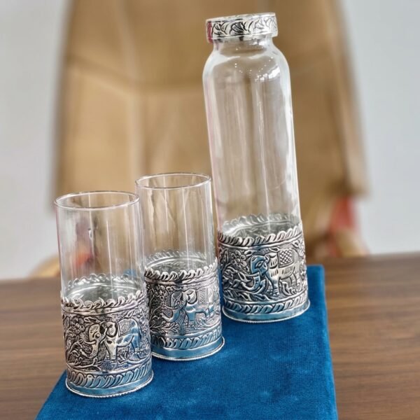 Royal Elephant Band Glass & Bottle Set – Engraved Silver-Rim Barware