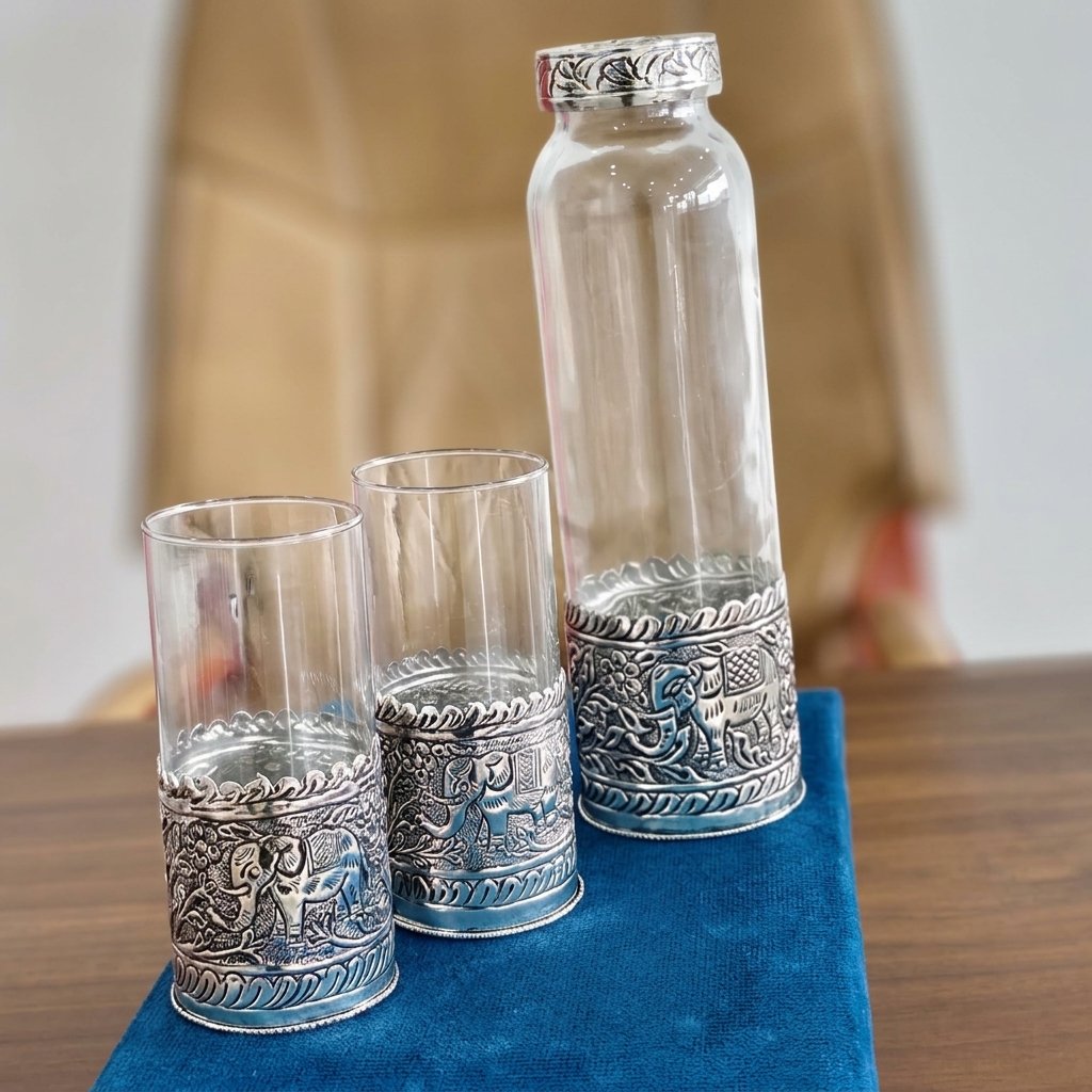 Royal Elephant Band Glass & Bottle Set – Engraved Silver-Rim Barware