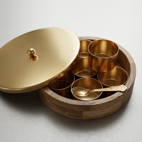 Wooden Spice Box Duo – Golden Compartment Masala Dabba with Lid