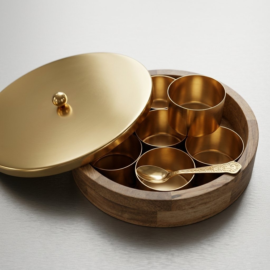 Wooden Spice Box Duo – Golden Compartment Masala Dabba with Lid