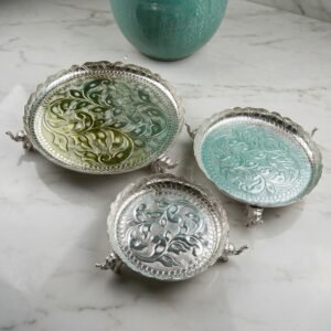 Enamel Peacock Coaster Trio – Silver Footed Trays with Colored Filigree