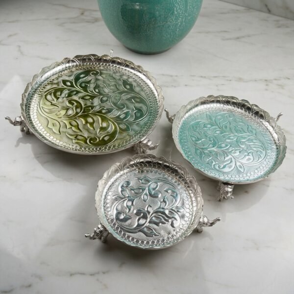 Enamel Peacock Coaster Trio – Silver Footed Trays with Colored Filigree