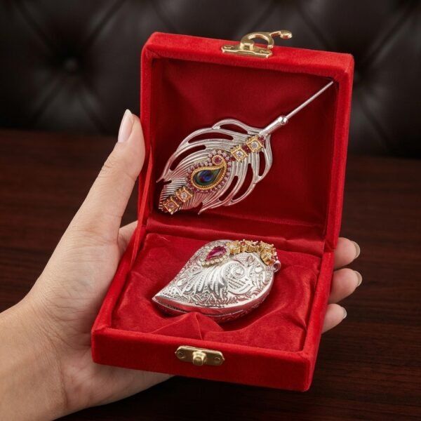 Mor Pankh Jeweled Set – Peacock Feather Pin with Gemstone Sindoor Box