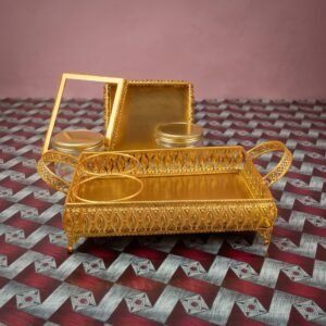 Golden Filigree Tray & Jar Trio – Rectangular Handled Tray with Glass Jars