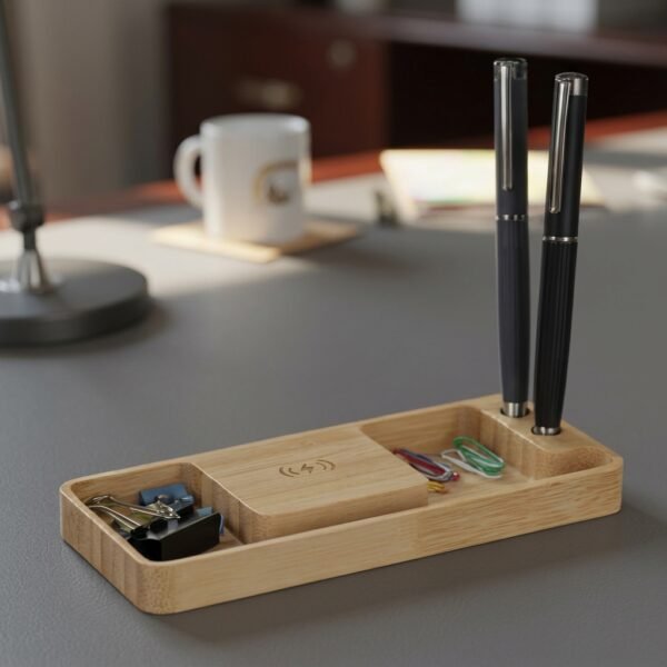 Wooden Wireless Desk Organizer – Multi-Compartment Charging Tray