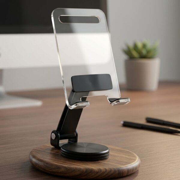 Crystal Clear Acrylic Phone Stand – Wood Base Adjustable Holder