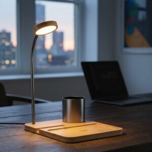 Skyline Desk Lamp – Wooden Base LED Light with Steel Cup Organizer