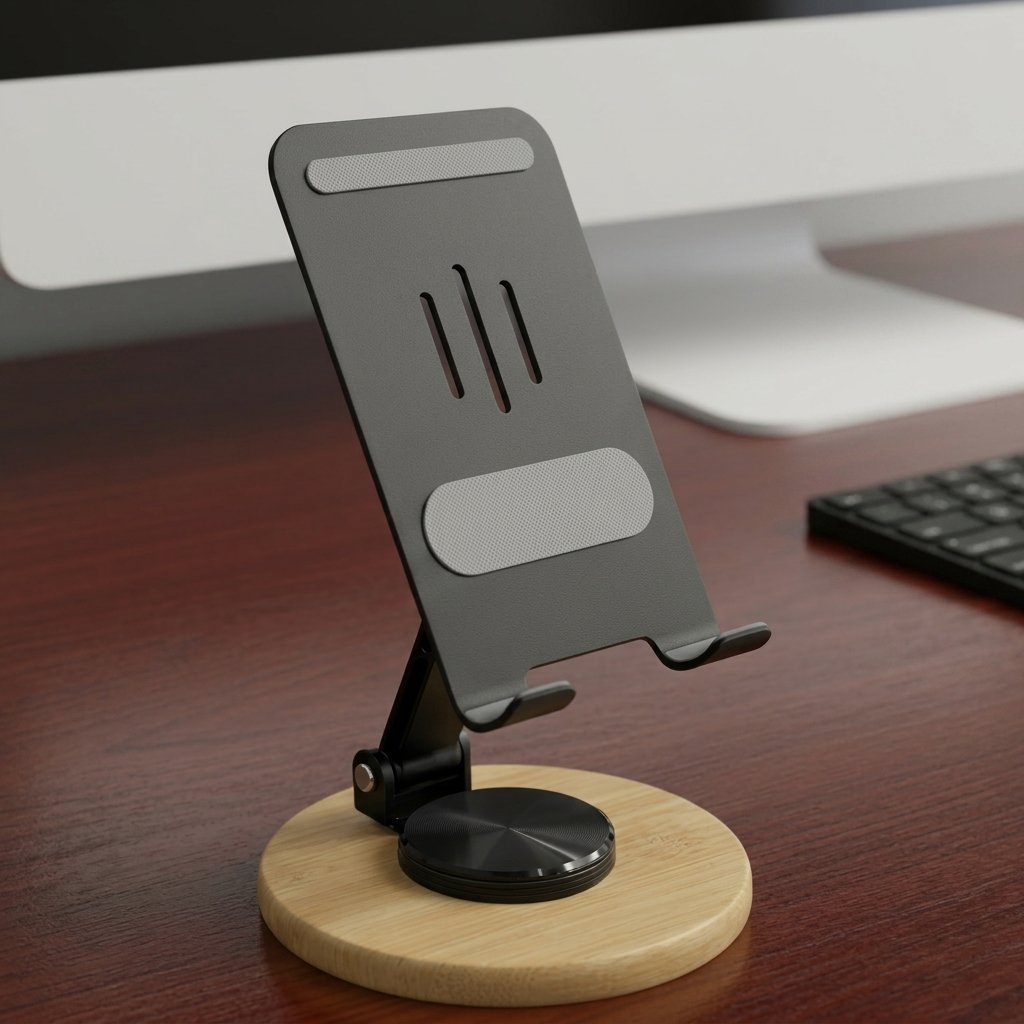 Slotted Metal Phone Stand – Round Wood Base Rotating Holder