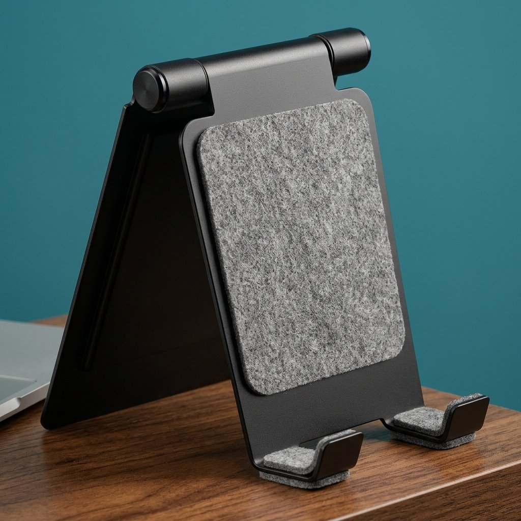 ArcTech Felt – Hinged Metal Phone Stand with Grey Wool-Felt Panel