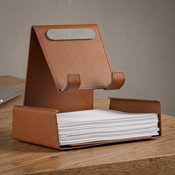 LeatherDock Phone Stand & Memo Pad Holder – Tan Leather Desk Organizer