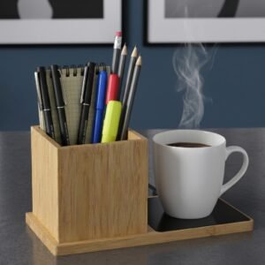 BrewDesk Pen Holder & Wireless Charging Coaster – Bamboo Desk Duo