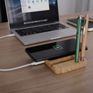 BambooCharge Dock – Wooden Phone Charging Stand with Pen Slots