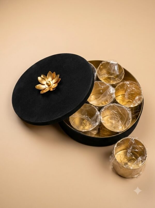 Lotus Lid Bowl Set – Round Golden Katoris in Velvet Box