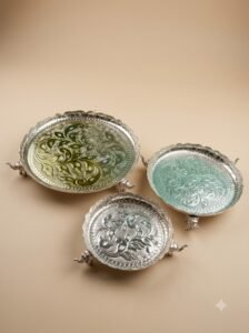 Enamel Peacock Coaster Trio – Silver Footed Trays with Colored Filigree