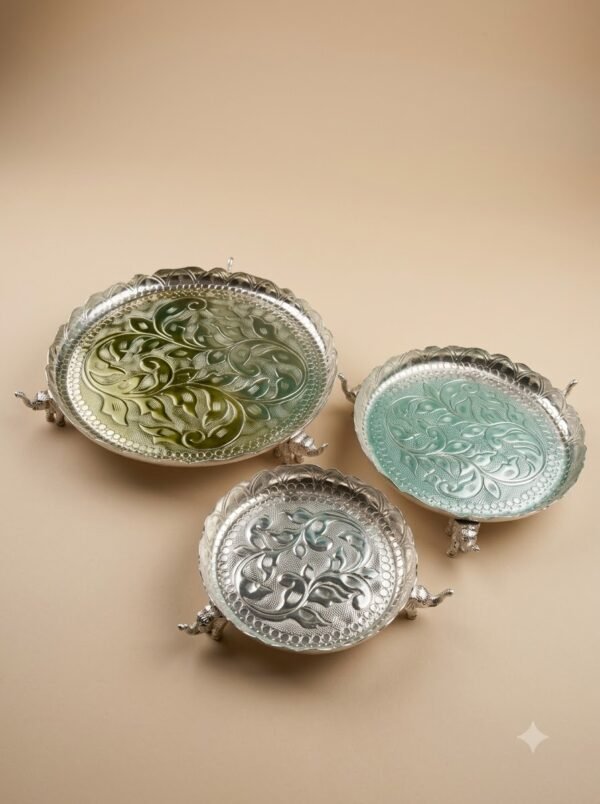 Enamel Peacock Coaster Trio – Silver Footed Trays with Colored Filigree