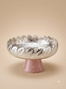 Silver Leaf-Rim Pedestal Bowl – Marble Base Fruit Compote