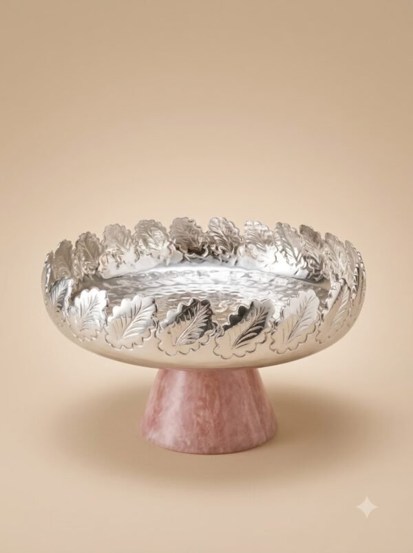 Silver Leaf-Rim Pedestal Bowl – Marble Base Fruit Compote