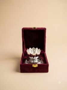Silver Lotus Bloom Jar – Crystal-Topped Petal Lid in Maroon Velvet Box