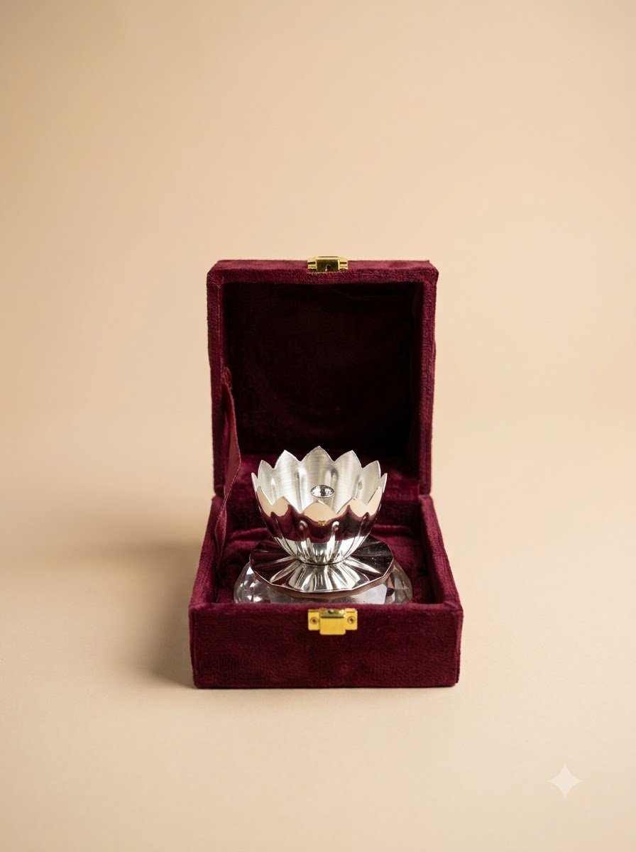 Silver Lotus Bloom Jar – Crystal-Topped Petal Lid in Maroon Velvet Box