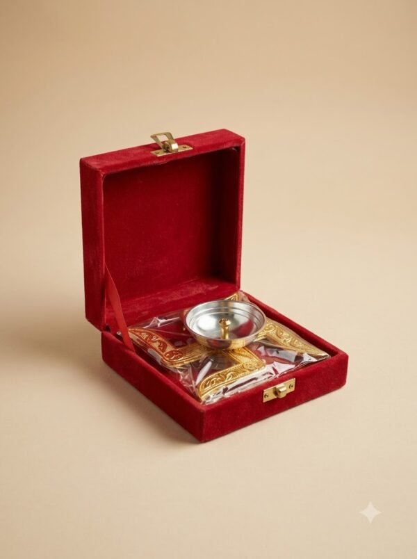 Golden Square Dhoop Stand – Silver Bowl Incense Holder in Red Velvet Box
