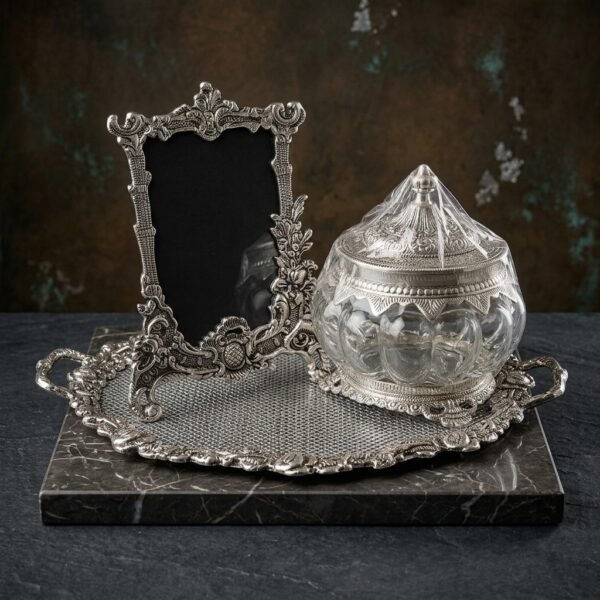 Regal Feather Ensemble – Antique Silver Mirror & Bowl Set