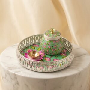 Lotus Garden Platter – Floral Jar with Brass Diya Set