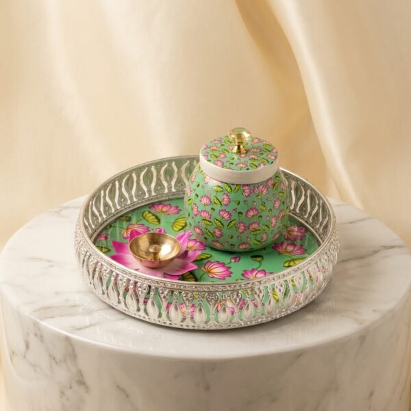 Lotus Garden Platter – Floral Jar with Brass Diya Set