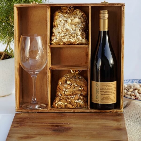 Vintner’s Nook Box – Wine, Glass & Nuts Wooden Hamper