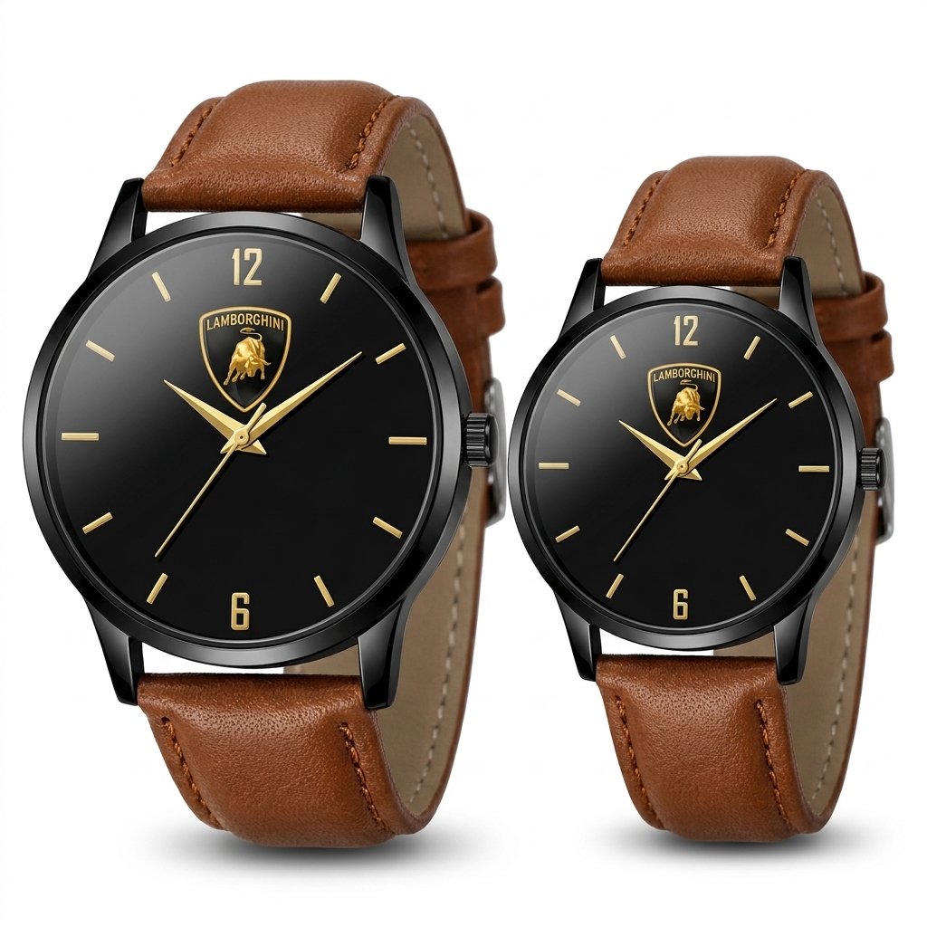 Racing Elegance Duo – His & Hers Black Dial Leather Strap Watch Set