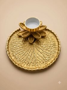 Golden Leaf & Lotus Tealight Plate – Textured Vein Candle Holder