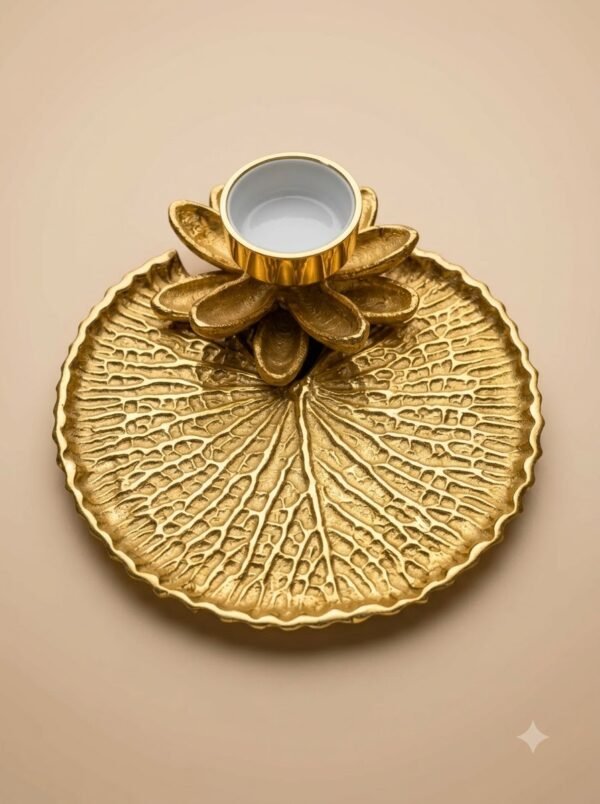 Golden Leaf & Lotus Tealight Plate – Textured Vein Candle Holder